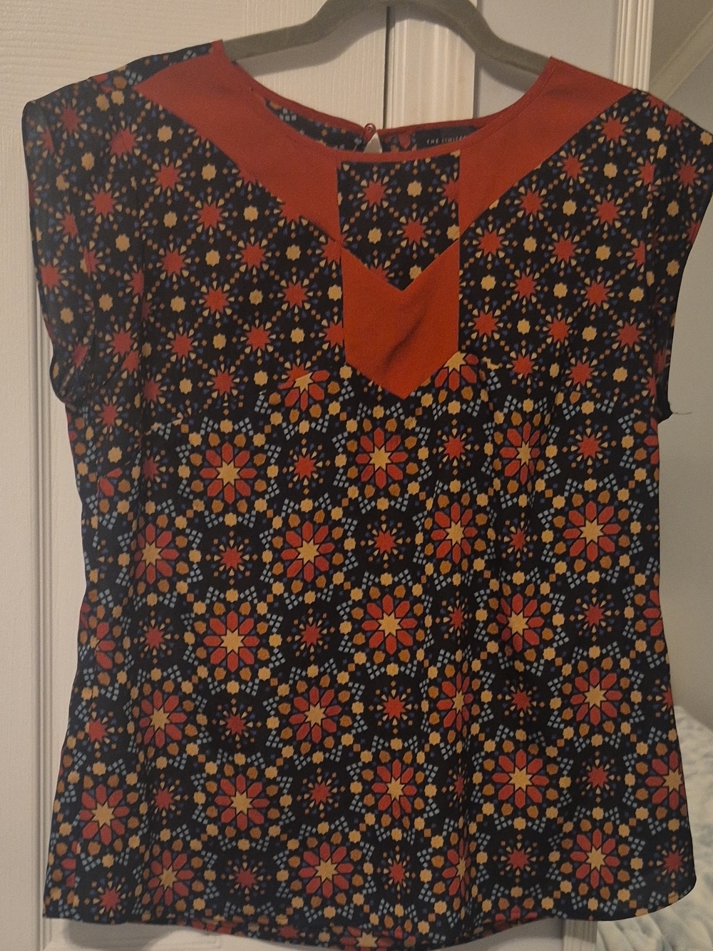 The Limited Navy Floral Geometric Sleeveless Top with Rust Yoke